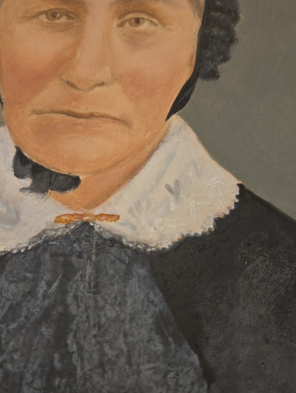 Antique Folk Portrait Painting of Woman in Black Bonnet - Picture 6 of 6